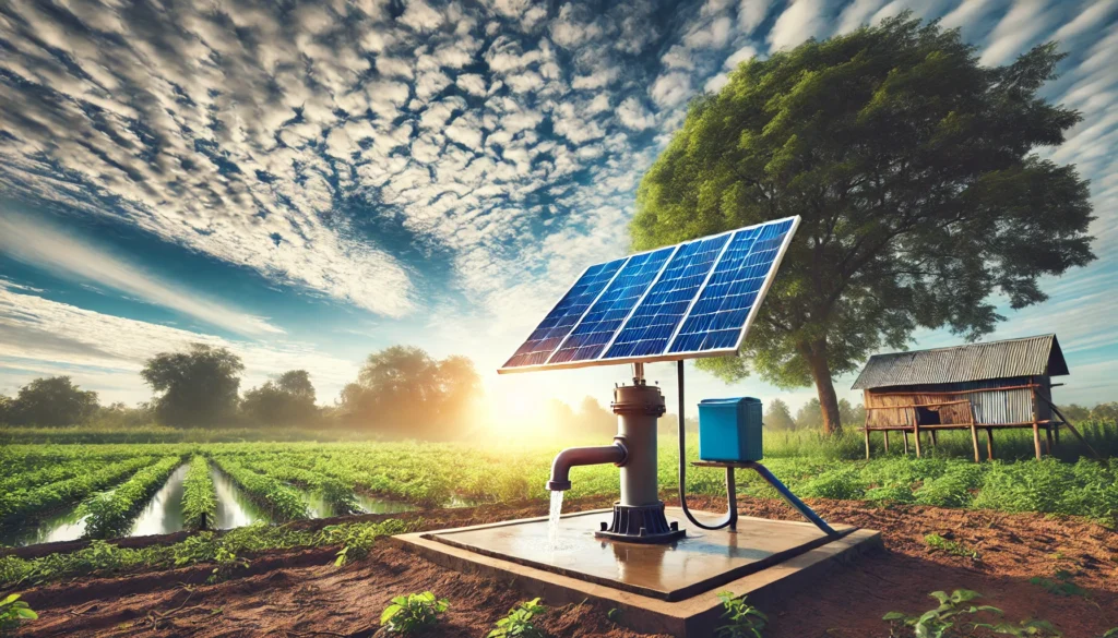 Solar-powered water pump installation for agricultural use by Sunshine Solar in Harda, reducing costs and promoting sustainability.