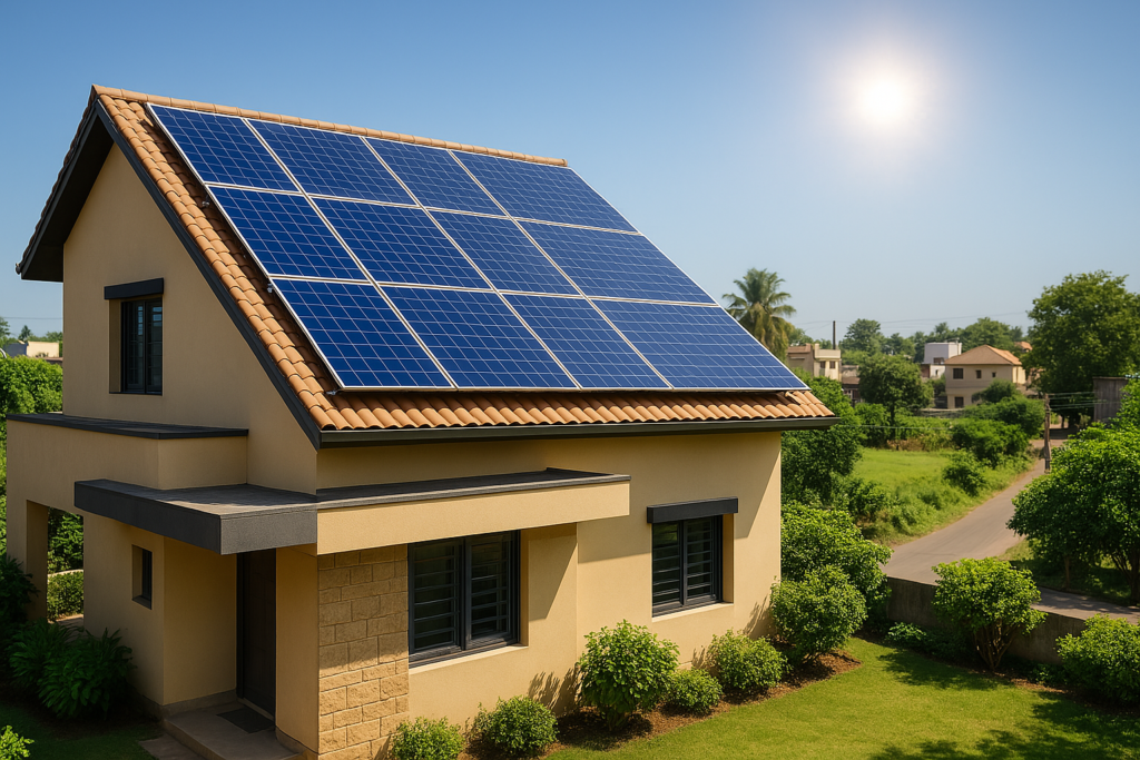 A modern eco-friendly house with rooftop solar panels, surrounded by a green lawn and trees in a residential area—showcasing solar installation in Harda.