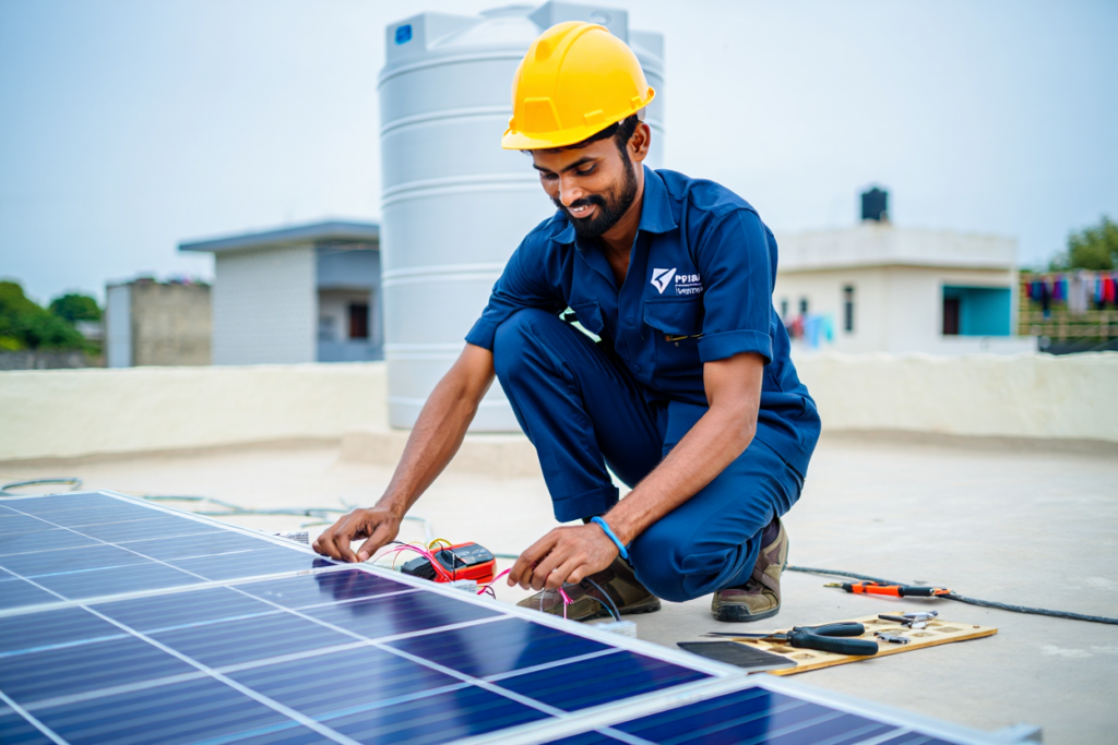 A realistic image of an Indian solar technician in Harda wearing a yellow safety helmet and uniform while installing a blue solar panel on a rooftop. He uses professional tools and smiles confidently. Background includes surrounding houses and a water tank, typical of small-town Indian rooftops.