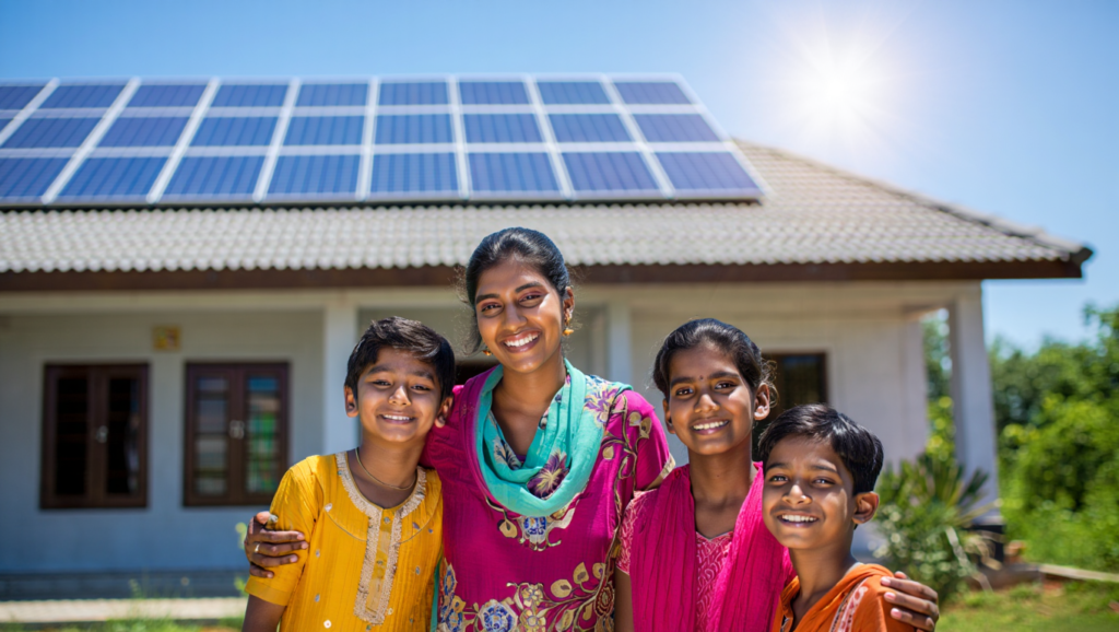 Happy Indian family celebrating after installing Sunshine Solar panels at home