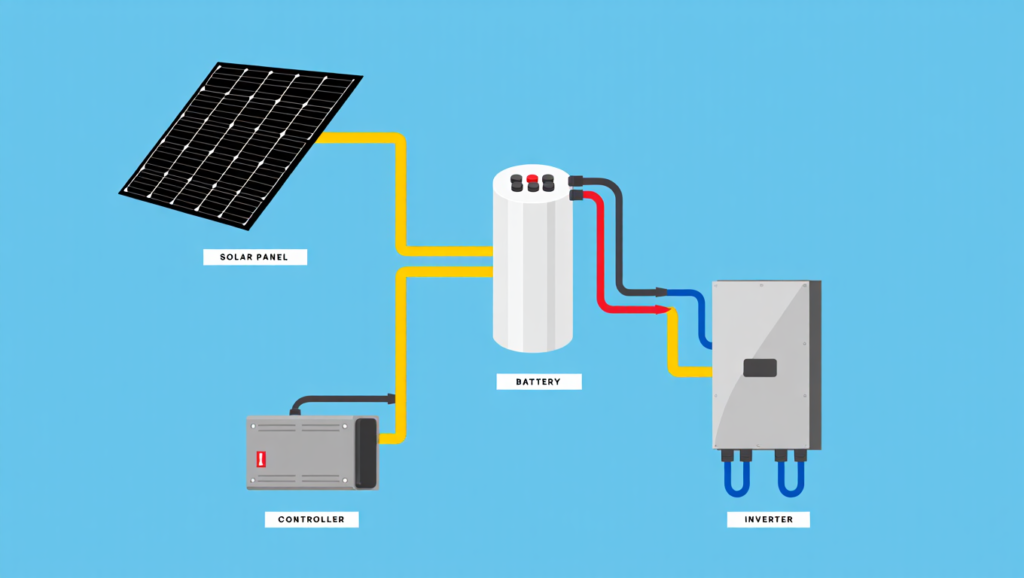 Components of a small off-grid solar kit