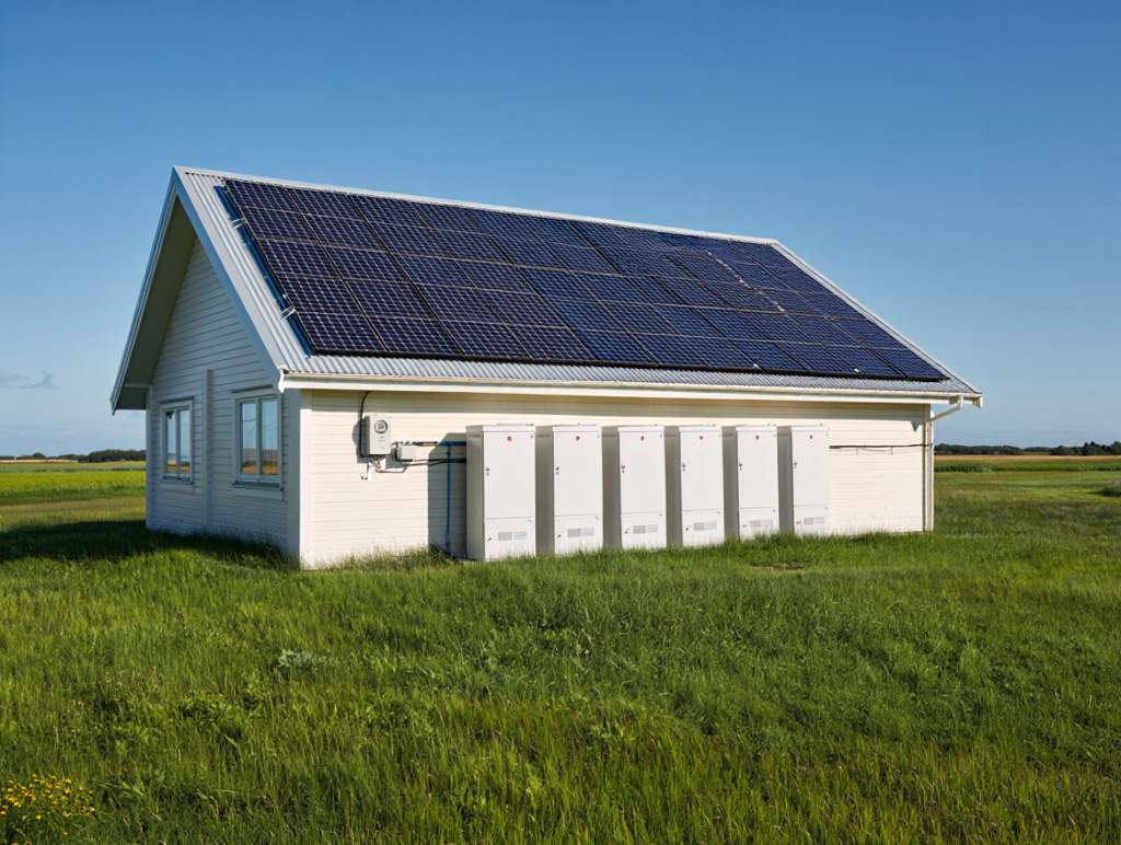 Off-grid solar kit installed on a small house