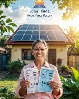 A person standing next to a house with solar panels, holding two electricity bills – one for ₹4000 and the other for ₹400, symbolizing the savings potential with solar energy in Harda, India.